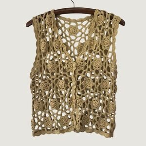 Crochet Beaded Floral Vest Tan Boho Cottagecore Grannycore XS - S Vintage Hippie